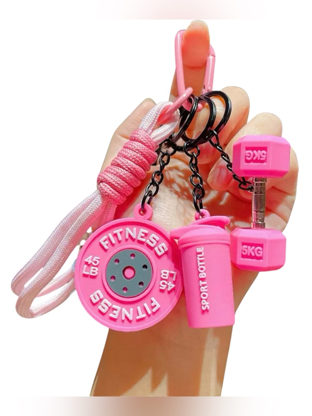 Pink Fitness Keychain Dumbbell Weight Plate Shaker Bottle Gym Bag Charm Gift